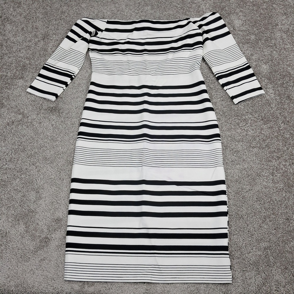 Bold Elements Cut To Curve Striped Off The Shoulder Sheath Dress Black White M
